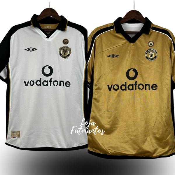 Camisa Manchester United 01/02 Modelo Retrô 100 Anos Masculina- Braca e preta, Dourada e Preta Dupla Face | Futmantos
